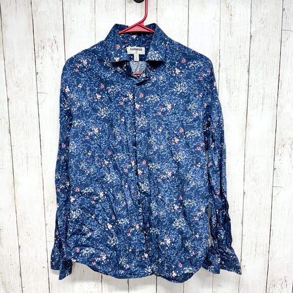 Express Dress Shirt Mens Size M Floral Blue Button Down Long Sleeve Collared - Picture 1 of 5
